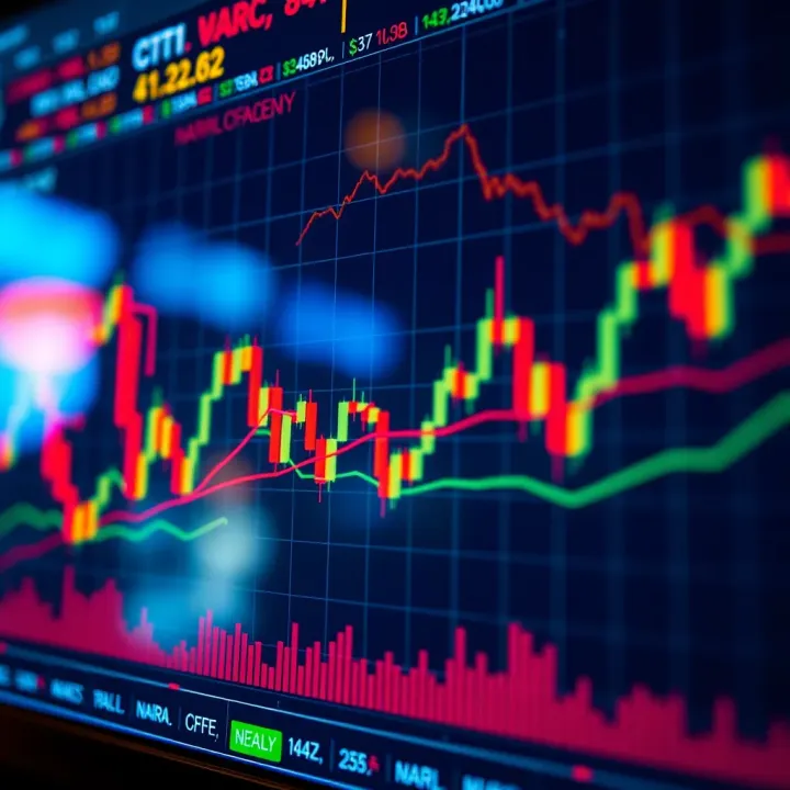 Illustration showing a dynamic cryptocurrency trading chart with fluctuating naira exchange rates reflecting Nigeria's market conditions