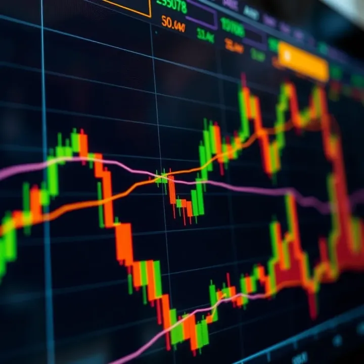 Forex trading chart showing currency pairs with upward trend lines and candlestick patterns