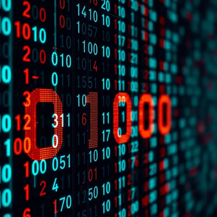 Abstract digital matrix displaying binary code with glowing zeros and ones