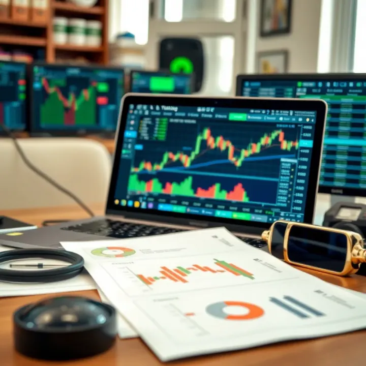 Collection of forex trading tools including laptop screen displaying charts and analysis documents
