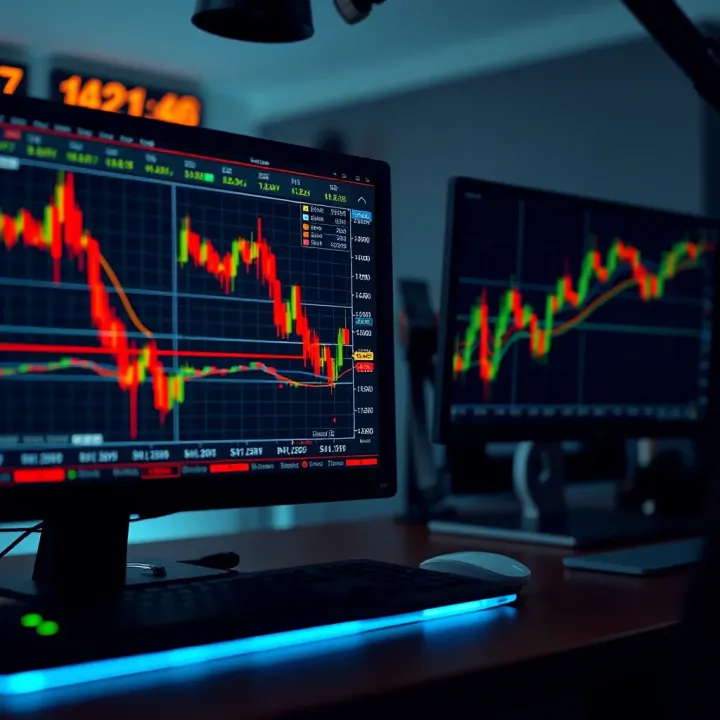 Forex trading charts displaying currency pairs and market trends on computer screens