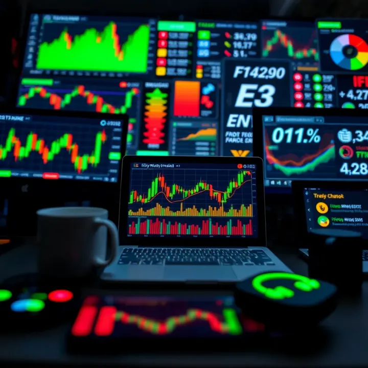 Collection of financial tools including charts, trading platforms, and risk management icons