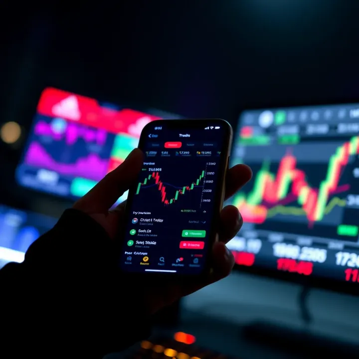 Mobile phone displaying cryptocurrency trading app interface with charts and trading options