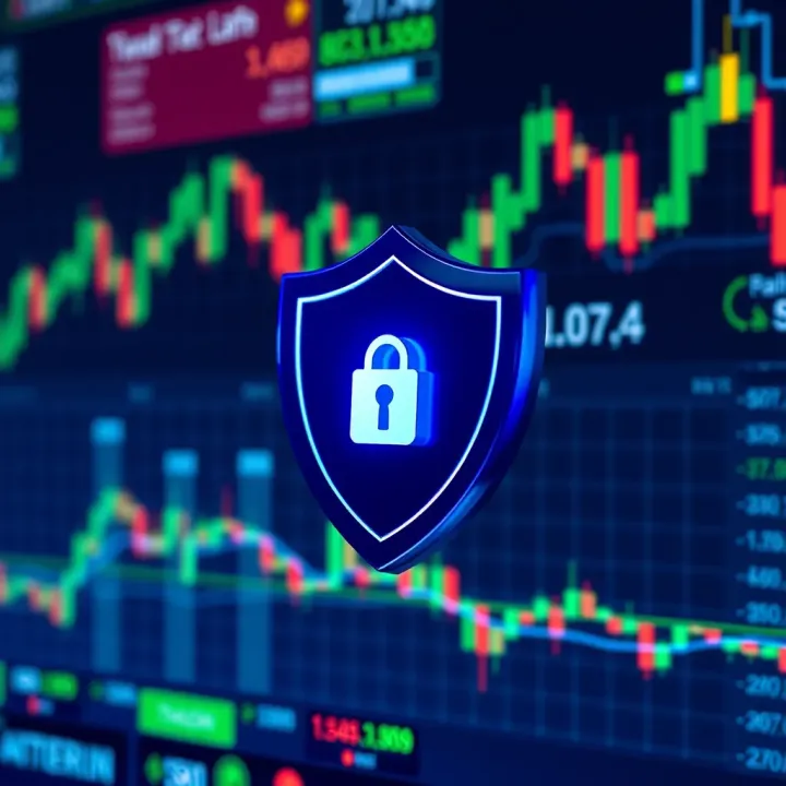 Security shield symbol over a digital trading platform background