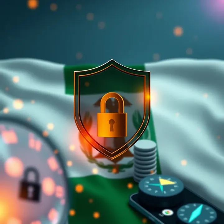Secure shield icon over Nigerian flag with digital trading symbols representing app security