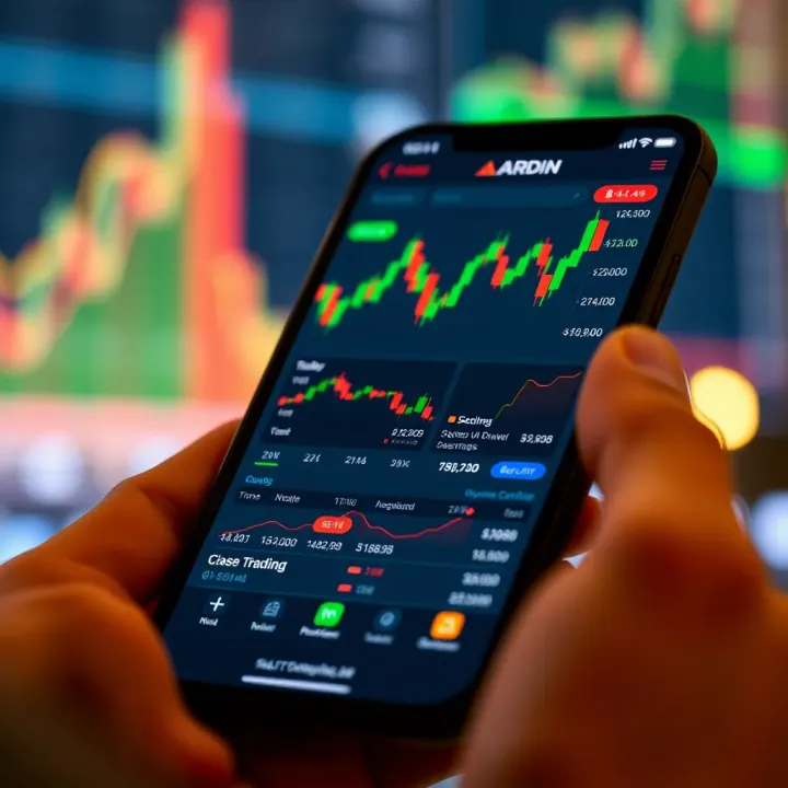 User interface displaying financial charts and trading options on a mobile device