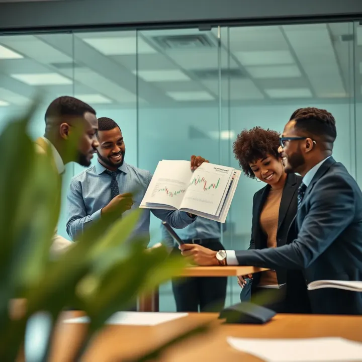 Corporate office with diverse team collaborating on compliance and strategic decisions for long-term success
