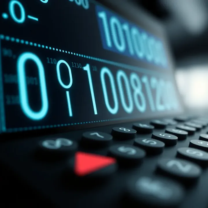 Digital screen displaying binary digits with calculator interface
