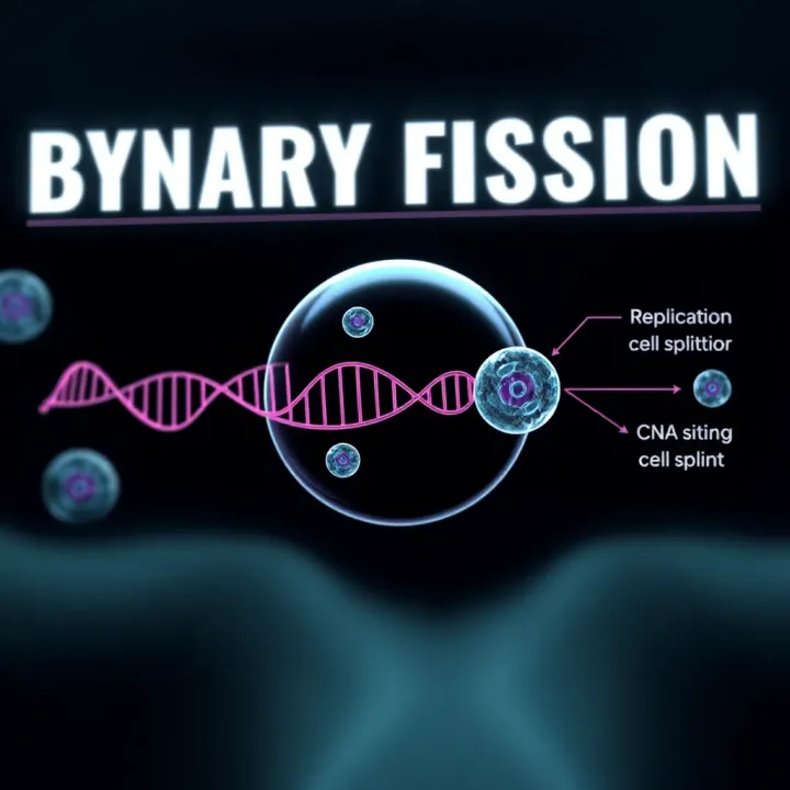 Diagram illustrating stages of binary fission in single-celled organisms including DNA replication and cell splitting