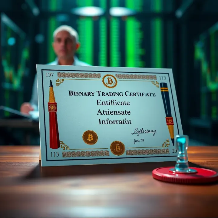 Illustration of a certificate with trading icons symbolizing binary options authorization