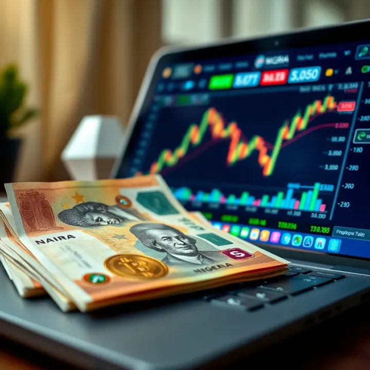 Nigerian currency notes alongside a cryptocurrency trading platform on a laptop screen