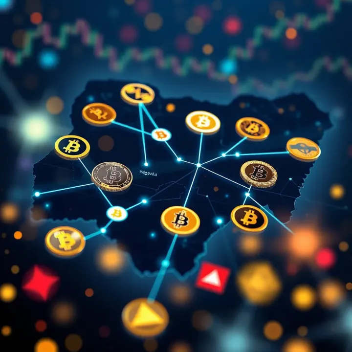 Types of Cryptocurrency Trading in Nigeria Illustration showing various cryptocurrency symbols connected by digital network lines over a map of Nigeria