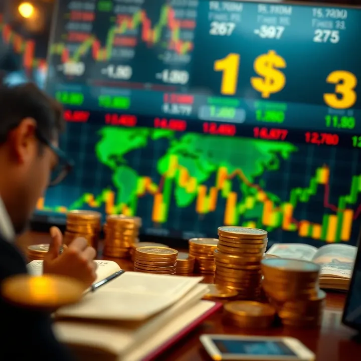 Conceptual representation of currency exchange with global forex market symbols