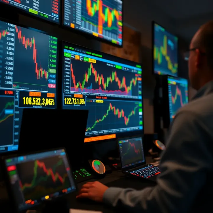 Illustration of automated forex trading system analyzing currency market trends on multiple screens