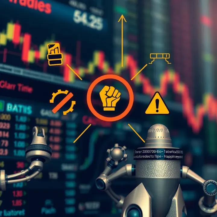 Benefits and Risks of Using Forex Trading Robots Conceptual graphic showing benefits and risks of forex trading robots with icons representing automation, gains, and caution