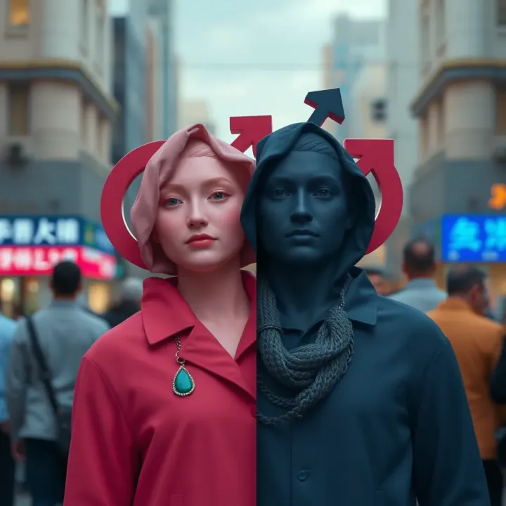 Illustration depicting traditional binary gender symbols intertwined with diverse gender identities