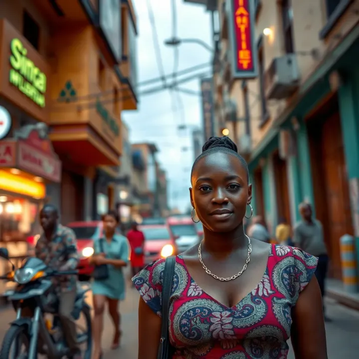Conceptual artwork showing personal journey and social acceptance in a vibrant urban Nigerian setting