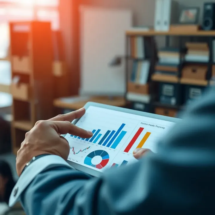 Business professional analyzing risk factors using charts and data on a digital tablet