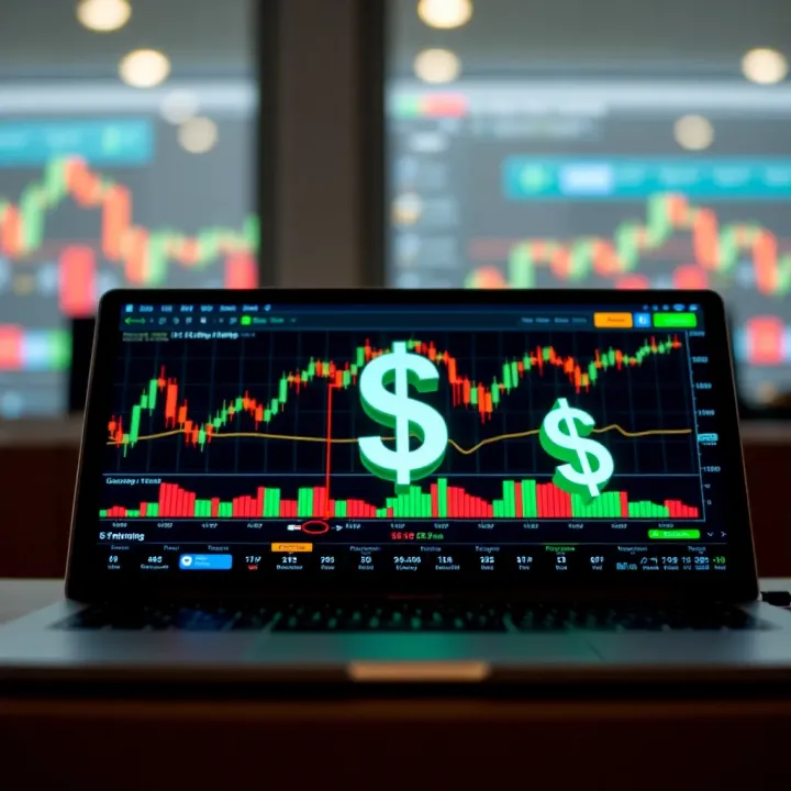 Illustration of a digital trading platform displaying forex charts, US dollar, and Nigerian naira symbols indicating market analysis